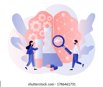 Neurology science and brain research concept. Tiny people study human brain and psychology. Modern flat cartoon style. Vector illustration on white background
