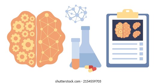 Neurology science and brain research icon set. Study human brain and psychology. Head Tomography. Vector flat illustration 