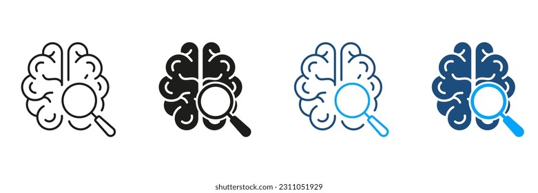 Neurology Science Exploration Black and Color Symbol Collection. Brain with Magnifier Silhouette and Line Icons Set. Medical Exam, Research of Human Mind Pictogram. Isolated Vector Illustration.