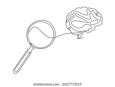 Neurology Science Exploration. Brain with Magnifier Silhouette and Line. Medical Exam, Research of Human Mind Pictogram. Isolated Vector Illustration.