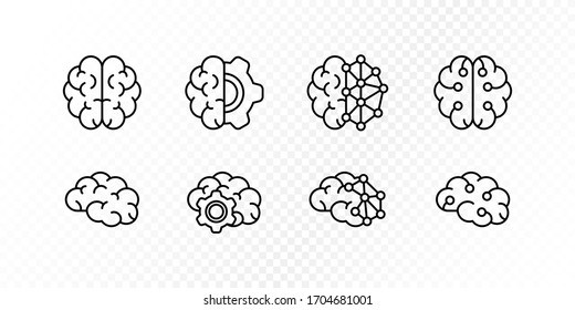 Neurology Science, Human Brain Research Concept. Vector Flat Illustration Icon Set. Collection Of Simple Outline Brain Sign. Design Element For Medical Banner, Web Ui, Psychology Infographic, Ai Tech.