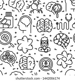 Neurology seamless pattern with thin line icons: brain, neuron, neural connections, neurologist, magnifier. Vector illustration for background of medical survey or report.