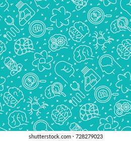 Neurology seamless pattern with thin line icons: brain, neuron, neural connections, neurologist, magnifier. Vector illustration for background of medical survey or report.