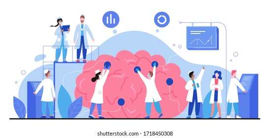 Neurology vector illustration. Cartoon tiny doctor people study human brain and nerve system, neurologist character group analyze brain anatomy in medical anatomical science research isolated on white