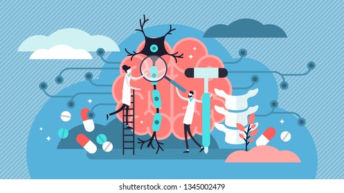Neurology vector illustration. Flat tiny nerve study doctor persons concept. Anatomical knowledge science of brain and senses diseases. Examine internal health and diagnosis controlled pills treatment