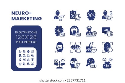 Neuromarketing black solid desktop icons pack. Consumer neuroscience. Effective marketing campaign. Pixel perfect 128x128, outline 4px. Symbols on white space. Glyph pictograms. Isolated vector images
