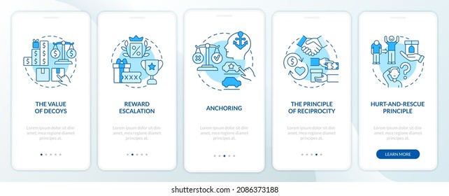 Neuromarketing canons onboarding mobile app page screen. Customer anchoring bias walkthrough 5 steps graphic instructions with concepts. UI, UX, GUI vector template with linear color illustrations