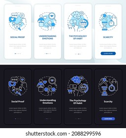 Neuromarketing canons onboarding mobile app page screen. Social proof walkthrough 4 steps graphic instructions with concepts. UI, UX, GUI vector template with linear night and day mode illustrations