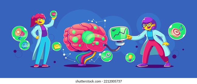 Neuromarketing concept with women research brain with computer and icons of target, idea and megaphone. Marketing strategy with neuroscience knowledge, vector contemporary illustration