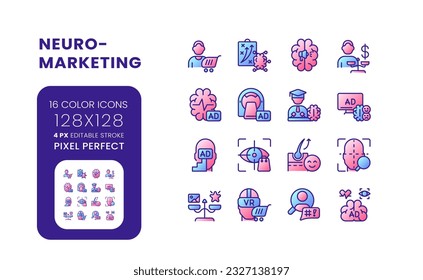 Neuromarketing gradient fill desktop icons. Consumer neuroscience. Effective marketing campaign. Pixel perfect 128x128, outline 4px. Colorful editable line symbols set. Vector isolated RGB elements
