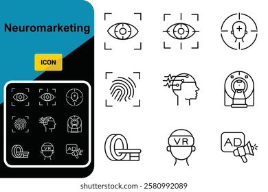 Neuromarketing icon Line Icon Set, Editable Stroke. Eye Tracking, Gaze, Pupillometry, Facial, Coding, Biometric, Vr, Strategy.
