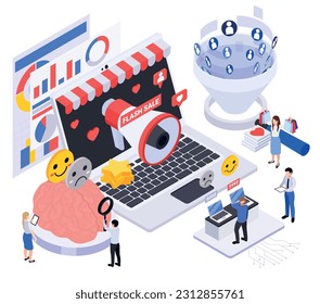 Neuromarketing isometric concept with people studying customers behaviour during shopping vector illustration