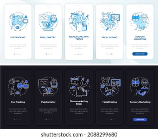 Neuromarketing methods onboarding mobile app page screen. Facial coding walkthrough 5 steps graphic instructions with concepts. UI, UX, GUI vector template with linear night and day mode illustrations