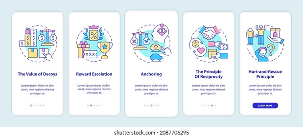 Neuromarketing rules onboarding mobile app page screen. Hurt and rescue principle walkthrough 5 steps graphic instructions with concepts. UI, UX, GUI vector template with linear color illustrations