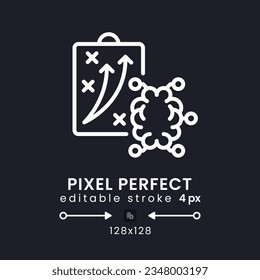 Neuromarketing strategies white linear desktop icon on black. Consumer behavior. Brain activity. Pixel perfect 128x128, outline 4px. Isolated user interface symbol for dark theme. Editable stroke