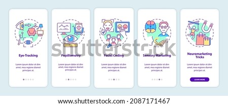 Neuromarketing techniques onboarding mobile app page screen. Eye-tracking walkthrough 5 steps graphic instructions with concepts. UI, UX, GUI vector template with linear color illustrations