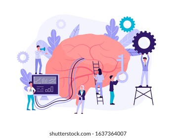 Neuromarketing technology concept with people cartoon characters analyzing customer behavior and developing marketing strategy, flat isolated vector illustration.