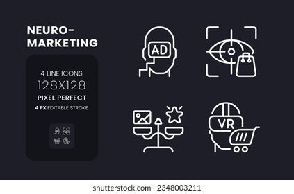 Neuromarketing white linear desktop icons on black. Consumer neuroscience. Advertising message. Pixel perfect 128x128, outline 4px. Isolated interface symbols pack for dark mode. Editable stroke