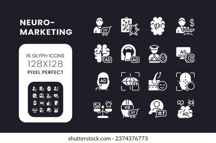 Neuromarketing white solid desktop icons set. Consumer neuroscience. Marketing campaign. Pixel perfect 128x128, outline 4px. Symbols for dark theme. Glyph pictograms. Vector isolated images