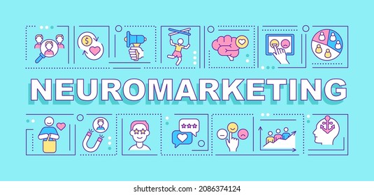 Neuromarketing word concepts banner. Customer emotions tracking. Infographics with linear icons on turquoise background. Isolated creative typography. Vector outline color illustration with text