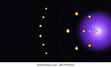 Neuromorphic AI technology background with advanced radial neural web on dark canvas and copy space. Violet, Amber and Jet Black color theme.