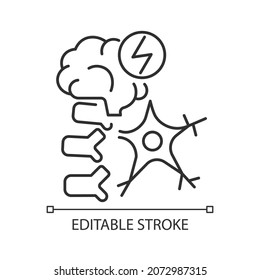 Lineares neuromuskuläres Symbol. Gehirn- und Nervenschäden. neurologische Erkrankung. Rückenmarkverletzung. Dünne, anpassbare Illustration. Contour-Symbol. Vektor-einzelne Rahmenzeichnung. Bearbeitbarer Hub