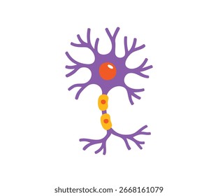 Neuron cell with branching dendrites and a visible axon, drawn in a playful purple and orange style. Great for biology books or educational diagrams.