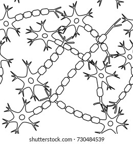 Neuron cells seamless pattern. Stock vector illustration of neural tissue view in black outline on white background. Medicine and biology collection