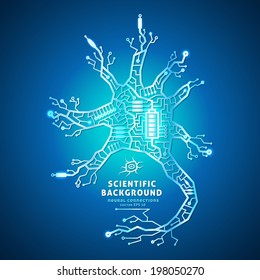 Neuron as an electrical circuit on a blue background, brain cell of the wires, battery powered