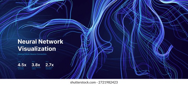 Neurônio inspirou linhas abstratas sobre fundo azul profundo com fluxo brilhante e fluxo de dados efeito. Rede Neural Futurista. Ilustração de vetor.
