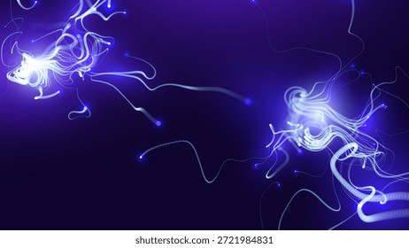 Neurônio inspirou linhas abstratas sobre fundo azul profundo com fluxo brilhante e fluxo de dados efeito. Rede Neural Futurista. Ilustração de vetor.
