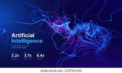 Neuron Inspired Abstract Lines on Deep Blue Background with Glowing Flow and Data Stream Effect. Futuristic Neural Network. Vector Illustration.