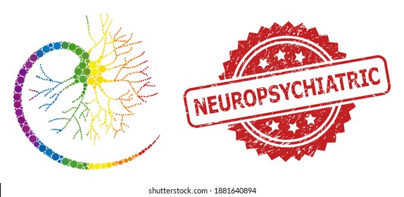 Neuron mosaic icon of filled circle spots in variable sizes and LGBT bright color hues, and Neuropsychiatric scratched rosette stamp seal. A dotted LGBT-colored Neuron for lesbians, gays,