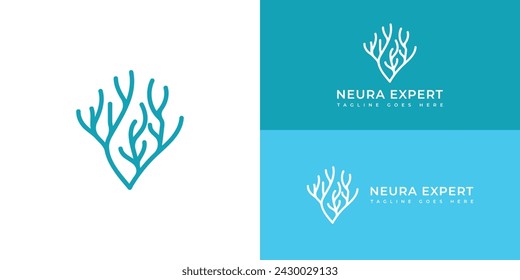 Neuron Nerve Cell or Coral Seaweed logo in blue color presented with multiple white and blue background colors. The logo is suitable for medical business logo design inspiration templates.