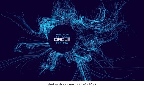 Neuron Network Flow Lines Science Background with Circle Frame for Text. Wave Lines Dynamic Flowing from Center. Blue Smooth Lines Background. Abstract Circle Frame. Vector Illustration.