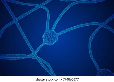 Neuron system wireframe mesh model. Low poly vector illustration. Science and medical healthcare concept