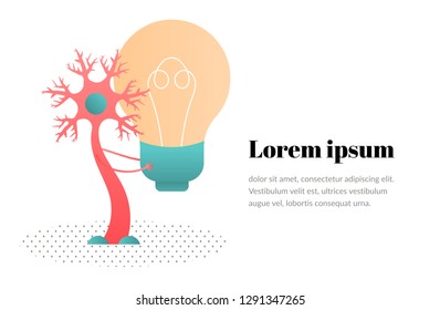 The neuron transmits information to the brain and holds a light bulb. Vector illustration on white background