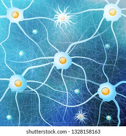 Neurons and glial cells in the brain on blue background. Vector pattern for your design, biological, science, and educational use.