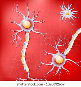 Neurons and glial cells on red background. Brain neurons before Alzheimer's disease, without amyloid plaques. Vector pattern for your design, biological, science, medical and educational use.