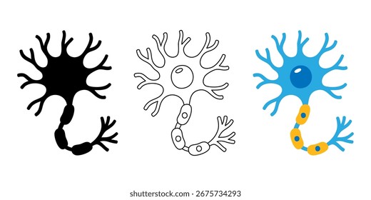 Neurons set in three visual styles. Black silhouette, outline stroke, and colorful cartoon design with visible axon and dendrites