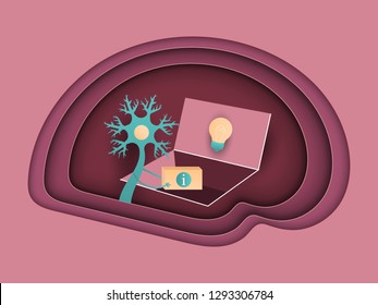 Neurons transmit information to the brain. Vector flat illustration cut out of paper