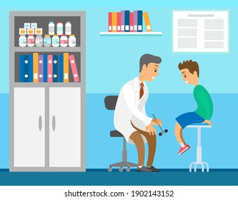 Neuropathologist examining patient use reflex hammer vector flat illustration. Boy visits doctor during regular medical checkup. Physician work at clinic. Man communicates with child in a hospital