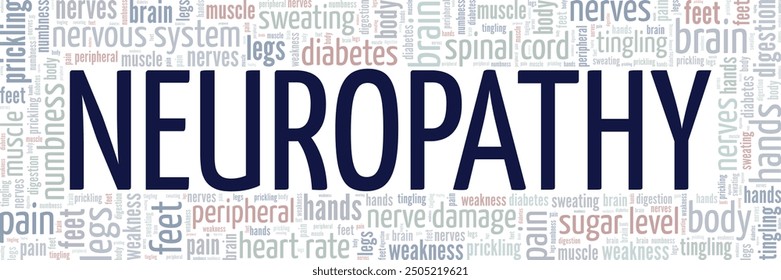Diseño conceptual de nube de palabras de neuropatía aislado sobre fondo blanco.