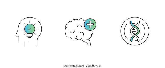 Neuroplasticity and Brain Health Icons. Cognitive Wellness and Mental Fitness Icons. Genetic Health and Neuro-wellness Icons. Vector Editable Stroke.