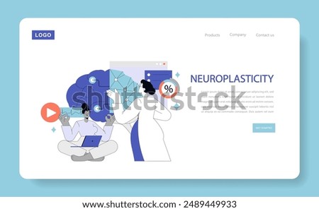 Neuroplasticity concept. Brain adaptability and mental growth, illustrated through user interaction with neuroscience elements. Vector illustration.