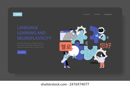 Neuroplasticity concept. Characters connecting puzzle pieces representing language acquisition and brain flexibility. Multilingual education and cognitive development. Vector illustration.