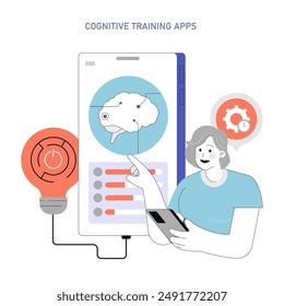 Neuroplasticity concept. An illustration showcasing a person using a brain training app for cognitive enhancement. Digital learning and mental development. Vector illustration.