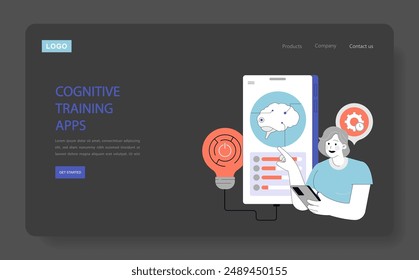 Neuroplasticity concept. An illustration showing a person using a cognitive training app with brain imagery, highlighting mental enhancement. Vector illustration.