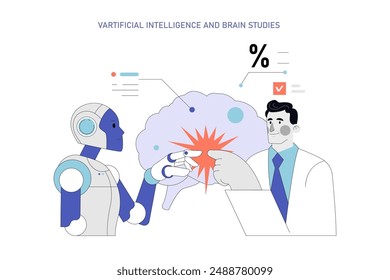 Neuroplasticity concept. A robot and human compare notes on brain function, representing AI's role in neuroscience studies. Vector illustration.