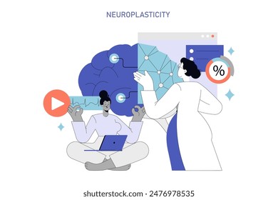 Neuroplastizitätskonzept. Ein Wissenschaftler interagiert mit einem digitalen Gehirnmodell, während eine Person mit einem Laptop meditiert. Anpassung und Lernen des Gehirns. Vektorillustration.